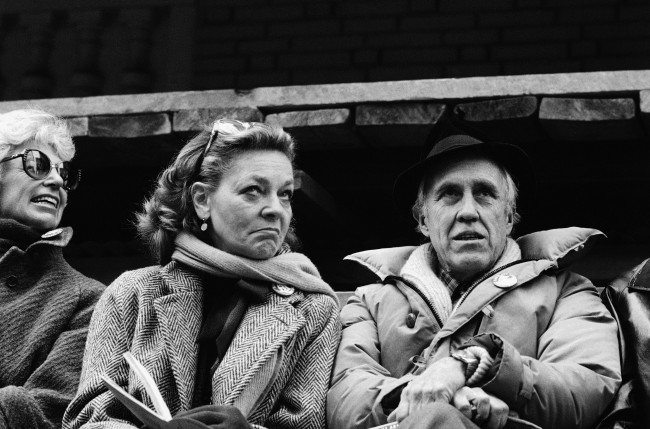 This March 4, 1982 file photo shows a Lauren Bacall and Jason Robards, right, at a rally to save the Morosco and Helen Hayes Theatres in New York. Bacall, the sultry-voiced actress and Humphrey BogartÂs partner off and on the screen, died Tuesday, Aug. 12, 2014 in New York. She was 89. (AP Photo/Marty Lederhandler, File) 