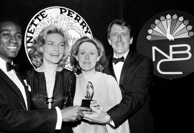 Tony winners, from left, Cleavon Little, Lauren Bacall, Tammy Grimes and Fritz Weaver pose at the 24th Annual Tony Awards ceremony at the Mark Hellinger Theatre in New York City, April 19, 1970. Little won best actor in a musical for "Purlie"; Bacall won best actress in a musical for "Applause"; Grimes won best actress for the revival "Private Lives"; and Weaver won best actor in a dramatic role for "Child's Play." (AP Photo)