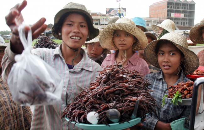 A Cambodian girl offers deep-fried spiders to travelers at the town of Skun, about 80 kilometers (50 miles) northeast of the capital Phnom Penh, Cambodia, Tuesday, July 25, 2006. The town is the most well-known place for selling deep-fried spiders to travelers, who stop by on their way to and from the country's northern and northeastern provinces. ( AP Photo/Heng Sinith)