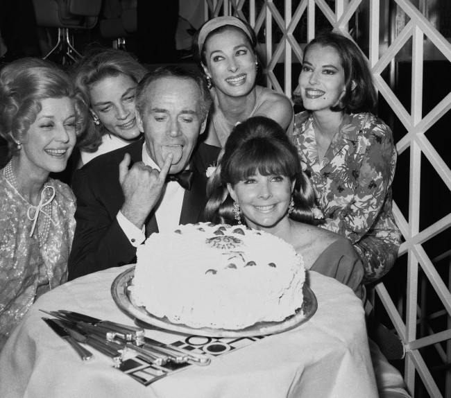 Actor Henry Fonda is pictured with his wife, the former Shirlee Adams, during a celebration of his 30 years of acting. Also in attendance were (left to right) Anita Louise, Lauren Bacall, Rita Gam, and Susan Kohner, at the party in New York on June 27, 1966. (AP Photo)