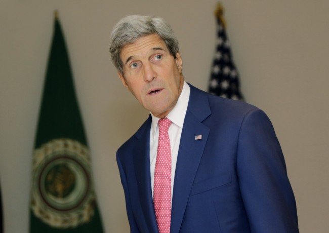 U.S. Secretary of State John Kerry prepares to meet with Secretary-General of the Arab League Nabil Elaraby in Cairo, Egypt, Saturday, Sept. 13, 2014. Kerry arrived in Cairo for a short visit of less than a day to discuss how Egypt can help in the fight against the Islamic State group. He has been on a regional trip to garner support for President Barack ObamaÂs initiative to go assemble a coalition of nations willing to go after the militant group. Kerry heads to Paris next for a meeting on how to support Iraq in its fight against the Islamic State group, which holds large parts of Iraq and Syria. (AP Photo/Amr Nabil)