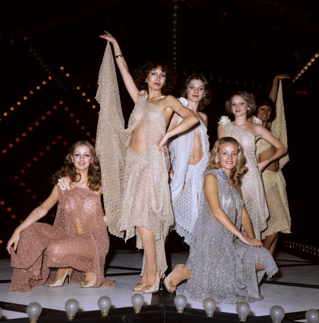 The new all-girl dance troupe for the Top of the Pops programme at the BBC Television Centre in London. They are, from left, back row, Patti Hammond, 26, Sue Mehenick, 21, Lulu Cartwright, 16, and Pauline Peters, 24. In front are Rosemary Hetherington, 16, and Gill Clark, 17. Date: 20/10/1976