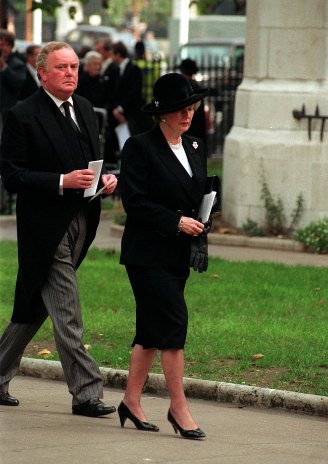 Prime Minister Margaret Thatcher with her private secretary Peter Morrison arriving for the Ian Gow memorial service at St. Margaret's, Westminister, London. Ref #: PA.1443751  Date: 22/10/1990