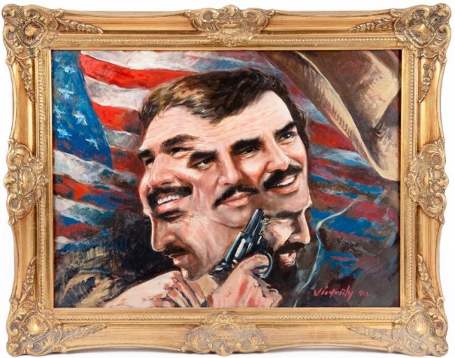 Estimate: $600 - $800 Starting: $300 "The Many Faces of Burt," oil on artist board, signed by Victor Victori and dated '82 lower right