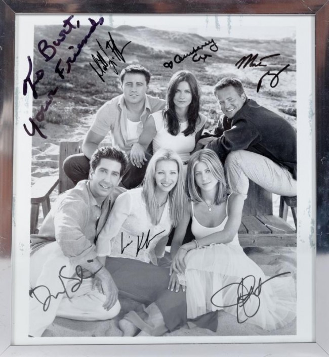 Estimate: $400 - $600 Starting: $200 A black and white publicity photograph signed by the cast of Friends (NBC, 1994-2004). Inscribed "To Burt, Your Friends" and signed by Matt LeBlanc, Jennifer Aniston, Courteney Cox, Lisa Kudrow, Matthew Perry and David Schwimmer.