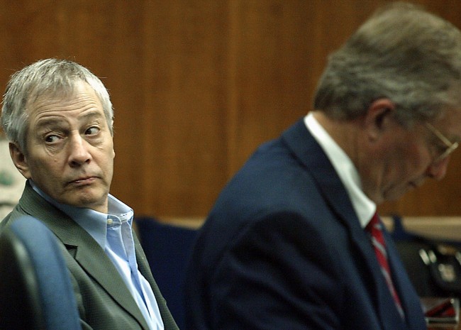 GALVESTON, TX - NOVEMBER 10: Millionaire murder defendant Robert Durst (C) sits in State District Judge Susan Criss court with his attorney Dick DeGuerin (R) November 10, 2003 at the Galveston County Courthouse in Galveston, Texas. Durst is being charged for the murder and mutilation of his neighbor Morris Black. (Photo by James Nielsen/ Getty Images)