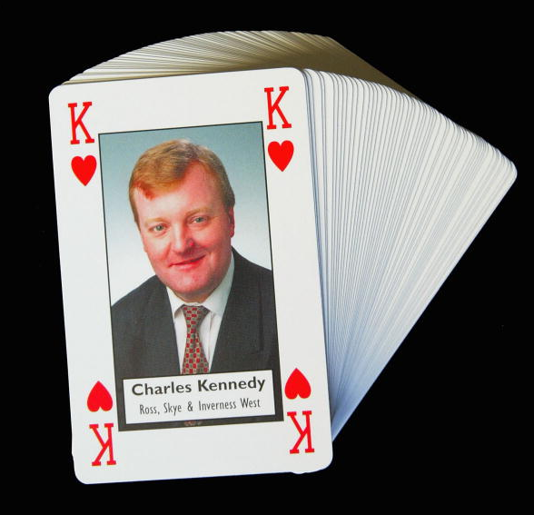 iberal Democrat leader Charles Kennedy appears on a set of playing cards produced specifically for the Liberal Democrat Conference at the Brighton Centre on September 24, 2003 in Brighton, England.