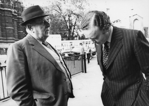 English actor Robert Morley (1908 - 1992, left) with British Conservative politician and MP for Chester, Peter Morrison (1944 - 1995) outside the House of Commons, London, 23rd October 1979. (Photo by Colin Davey/Evening Standard/Hulton Archive/Getty Images)