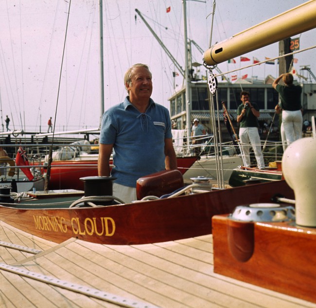 1971:  British statesman and prime minister Edward Heath aboard his yacht Morning Cloud at Gosport, Hampshire, before the Admiral's Cup race.  (Photo by James Jackson/Express/Getty Images)