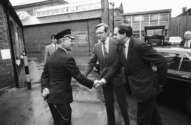 British home sectretary Leon Brittan visits a prison on January 11, 1984. (Photo by Mike Moore/Express/Getty Images)