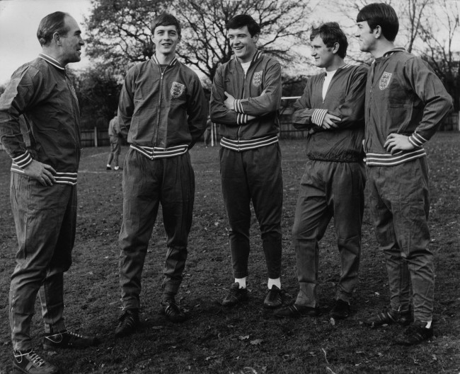 10th December 1968: England manager Sir Alf Ramsey talks with three of the English soccer team training at the Bank of England Sports Ground, Roehampton as they prepare for a match against Bulgaria. L to r, Sir Alf Ramsey, Alan Clarke (Arsenal), Cyril Knowles, Len Badger and Howard Kendall. (Photo by Jim Gray/Keystone/Getty Images)