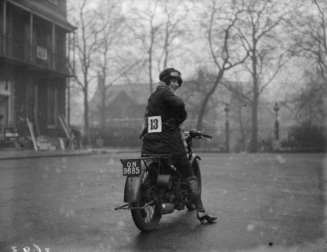 9th January 1927:  A woman entrant in the Ladies only Motor Cycle Reliability Trial at Alexandra Palace, London.  (Photo by Fox Photos/Getty Images)
