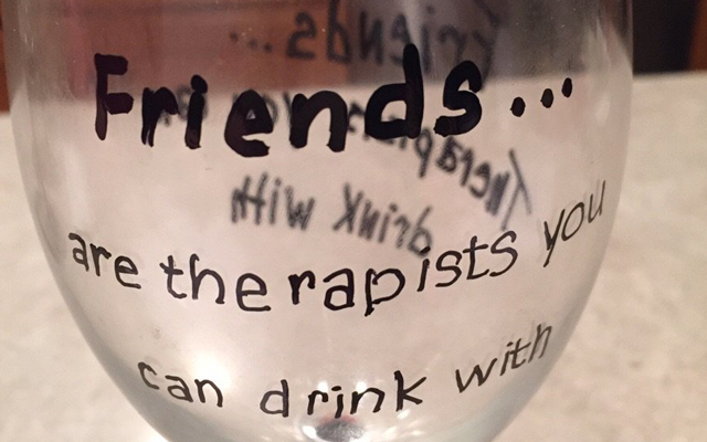 A mom got a little crafty and decided to make her own wine glasses, complete with the pithy phrase, “friends are therapists you can drink with” written on them. What started as a fun experiment quickly turned unintentionally creepy. “My mom made wine glasses to give to her friends for the holiday,” explained redditor Shagen34. “Her spacing was a little off on the first one.” With the correct spacing, they look a little more innocent. The handwritten font is still pretty creepy, though. But hey, it’s a fairly common mistake, at least according to various buffoons on TV. [h/t Tech Insider | Reddit]