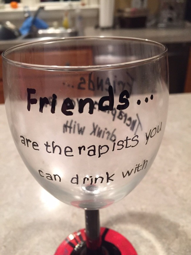 A mom got a little crafty and decided to make her own wine glasses, complete with the pithy phrase, “friends are therapists you can drink with” written on them. What started as a fun experiment quickly turned unintentionally creepy. “My mom made wine glasses to give to her friends for the holiday,” explained redditor Shagen34. “Her spacing was a little off on the first one.” With the correct spacing, they look a little more innocent. The handwritten font is still pretty creepy, though. But hey, it’s a fairly common mistake, at least according to various buffoons on TV. [h/t Tech Insider | Reddit]