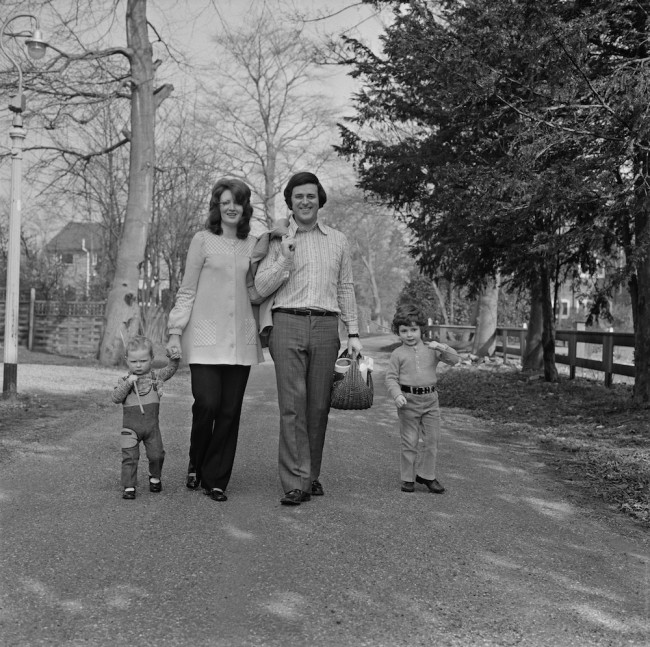 Terry Wogan takes a walk beside the River Thames with his wife, Helen Joyce, and their children Alan and Mark, 17th March 1972.  (Photo by Dove/Daily Express/Hulton Archive/Getty Images)