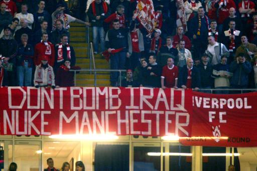 Liverpool fans taunt the Manchester United fans