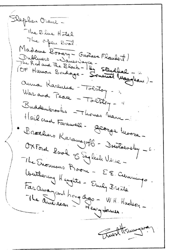Ernest Hemingway reading list